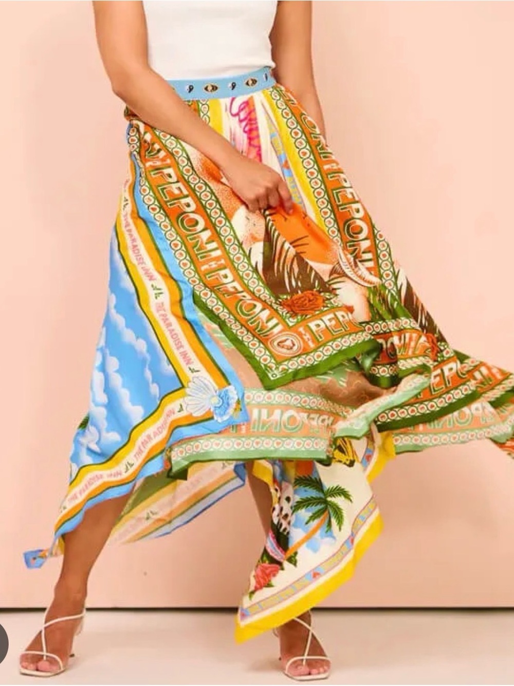 Rosa Clothing Colorful Resort Printed High Waist Handkerchief Hem Boho Skirt L